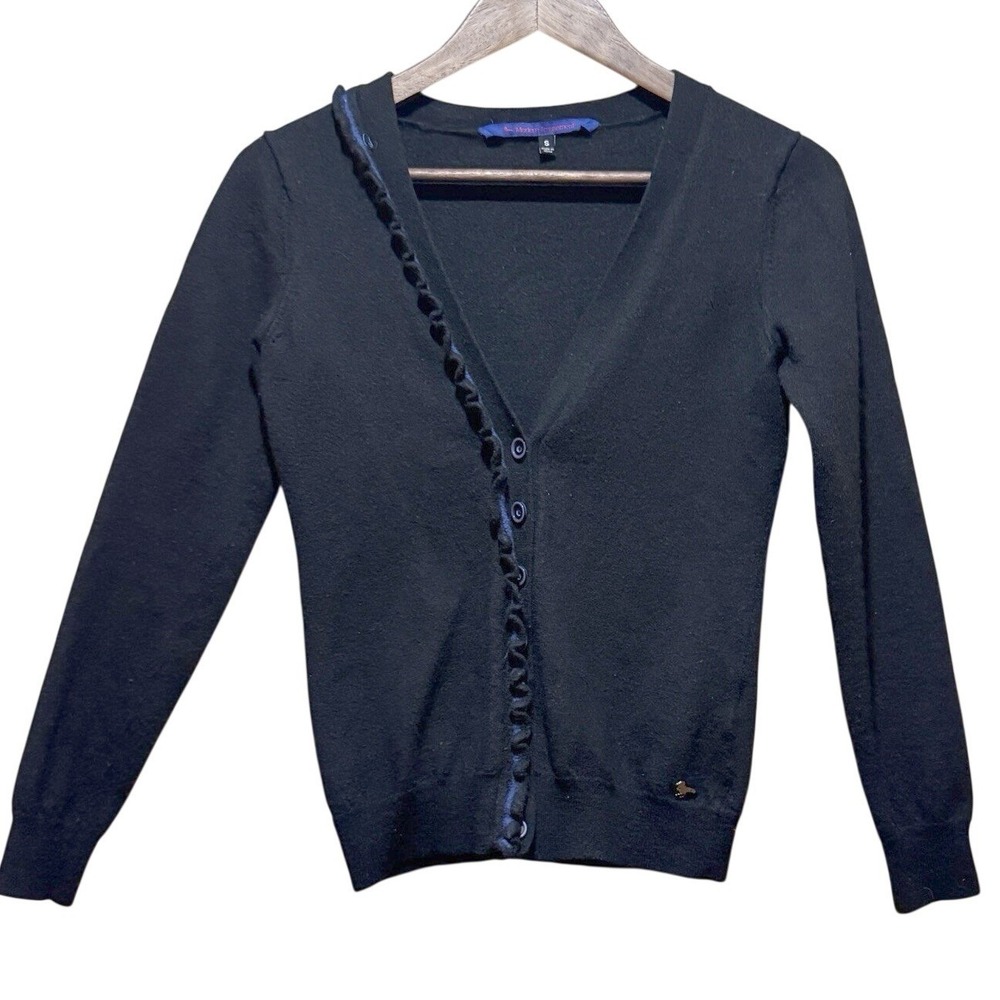 MODERN AMUSEMENT 100%‎ Wool Black Cardi With Blue Detail Over Buttons Womens Sm